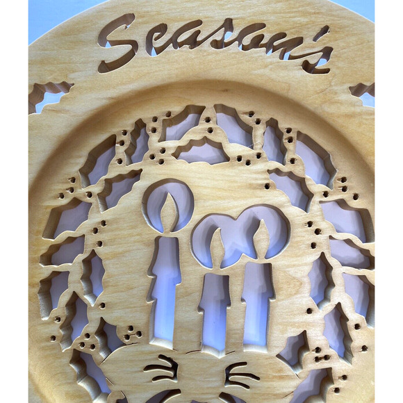 Hand Carved Wood Wall Plaque Seasons Greetings 12” Holiday Christmas Hanging - Picture 3 of 5